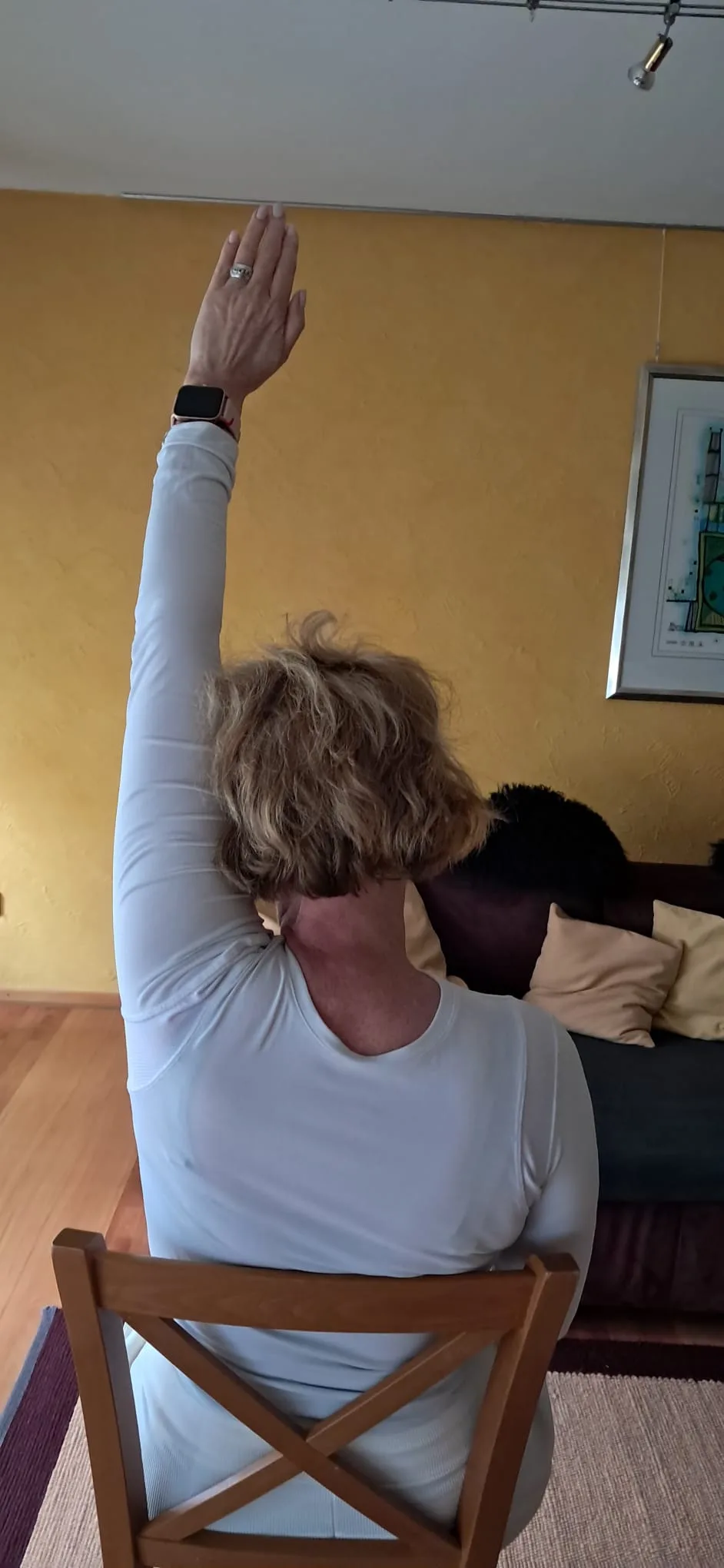 Eine Klientin streckt den Arm nach oben, Schulterübung im Sitzen